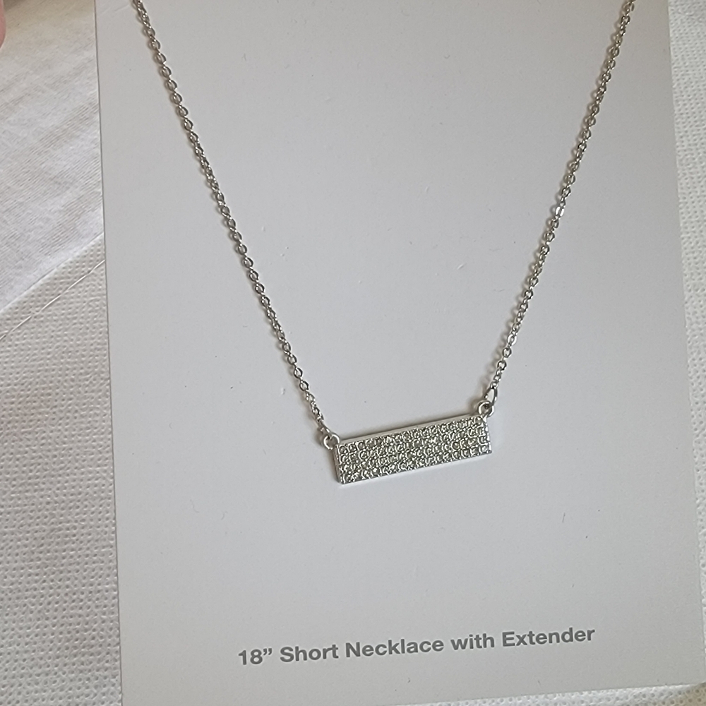 Pave Bar Necklace Silver Tone Clear Diamond Rhinestones Iced Out